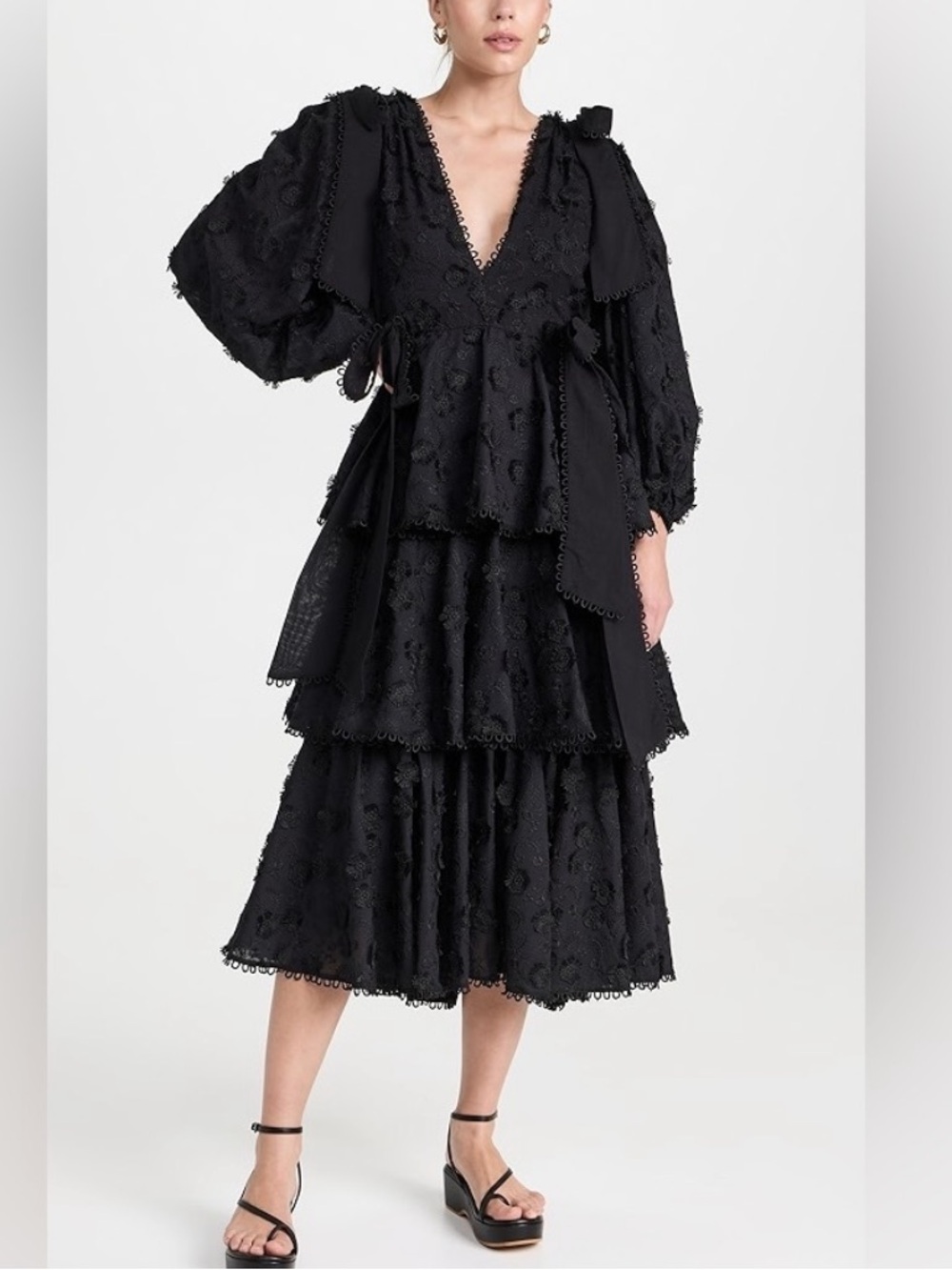 Farm Rio NWOT black flowers textured tiered back cutout midi dress sz xs